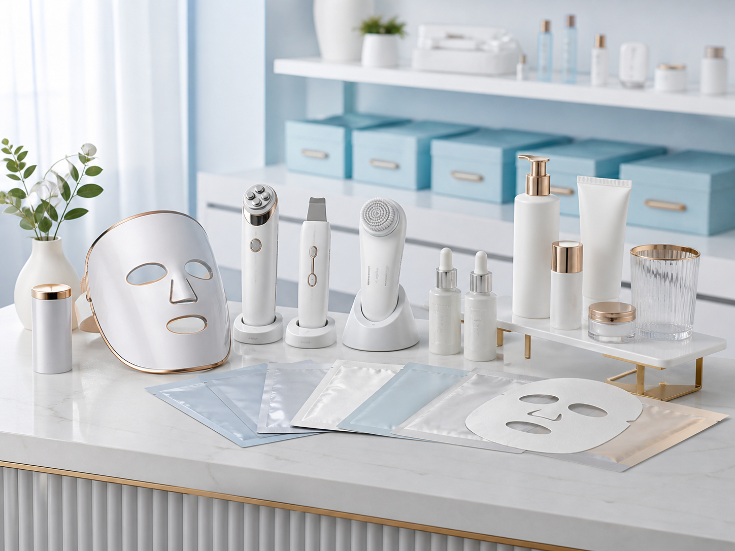 Professional display of generic personal-care devices, masks and skin-care containers