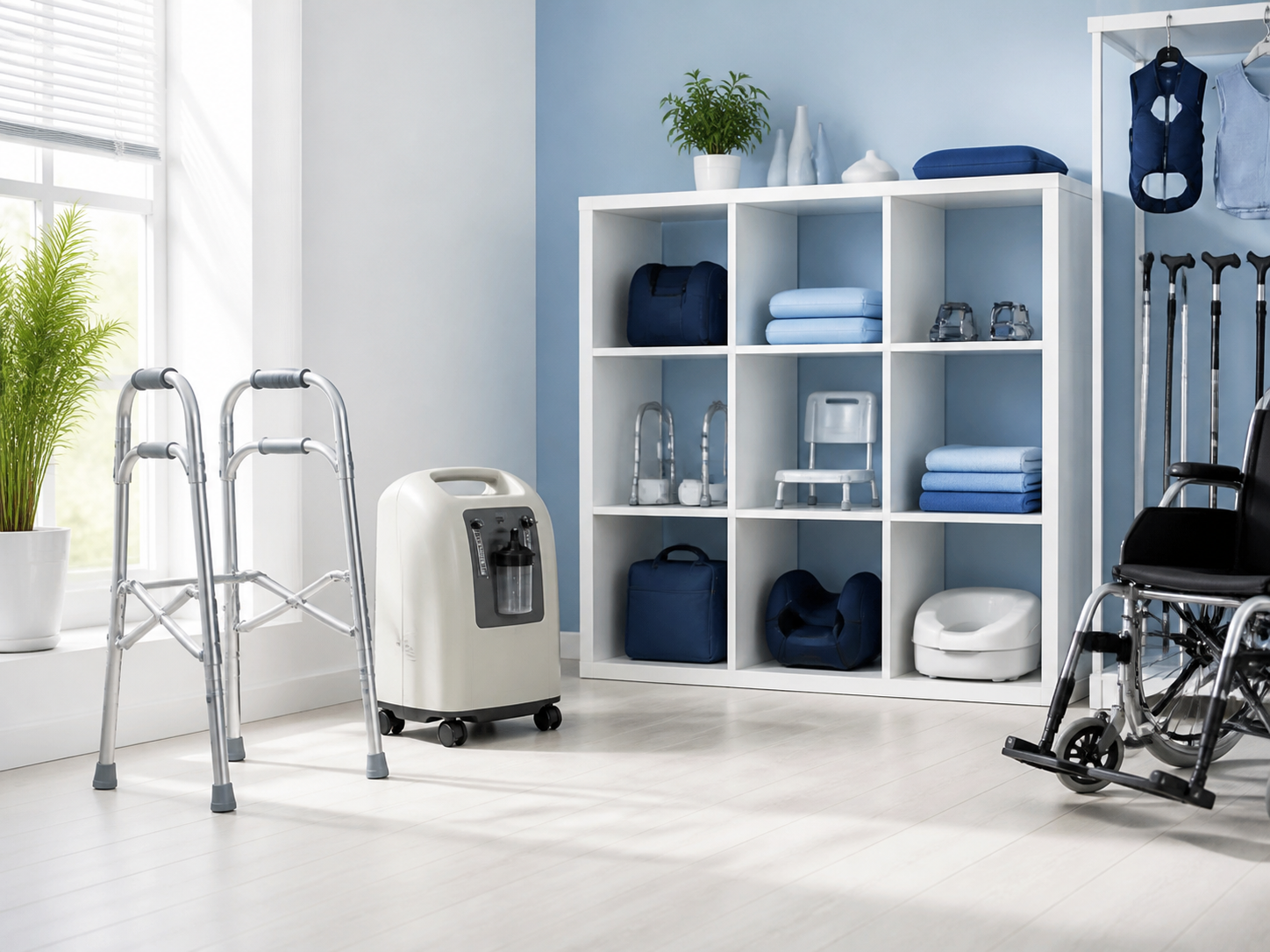 Rehabilitation and home-care equipment display with walking frames and oxygen equipment